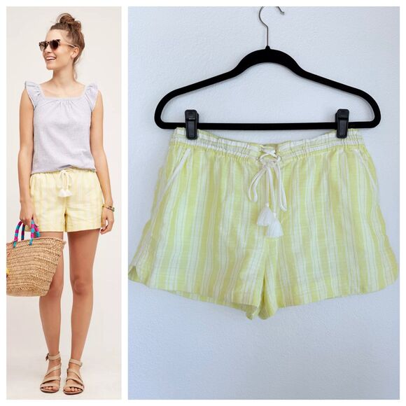 Anthropologie Elevenses Tasseled Dobby Tie Waist Shorts in Yellow & White Stripe - Picture 1 of 11